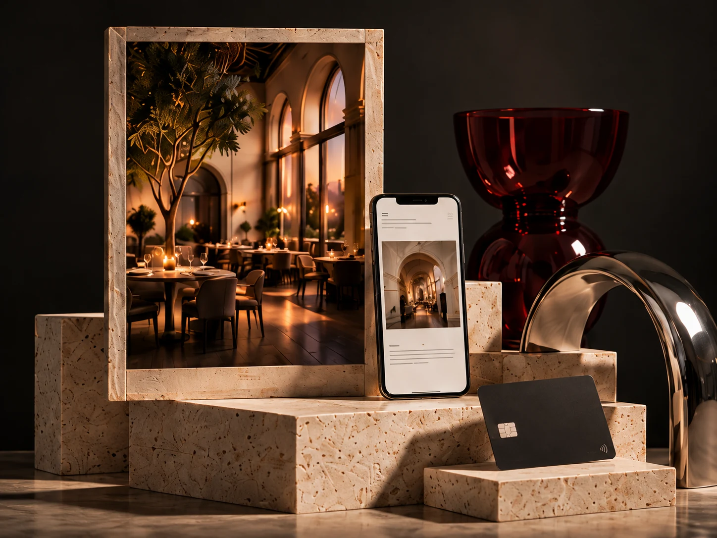 Creative campaign display combining hospitality imagery, a website preview and premium brand objects