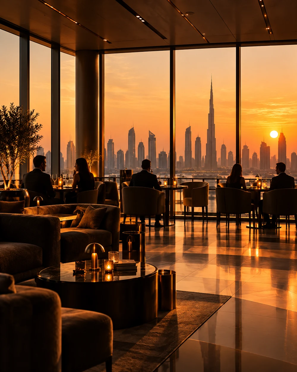 Premium hospitality lounge overlooking the city in warm evening light