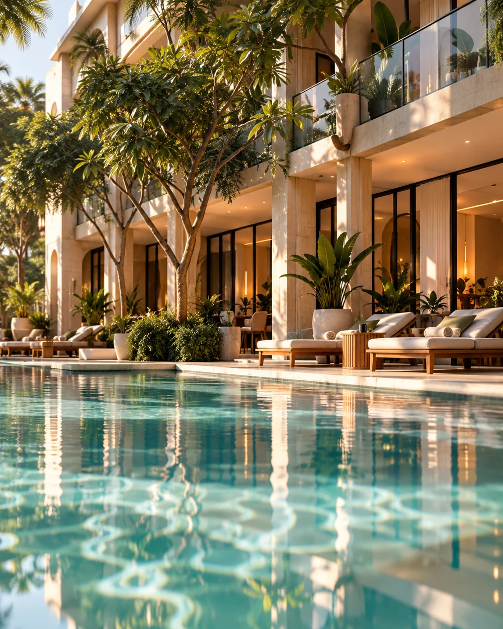 Contemporary hotel courtyard with a pool and natural stone architecture