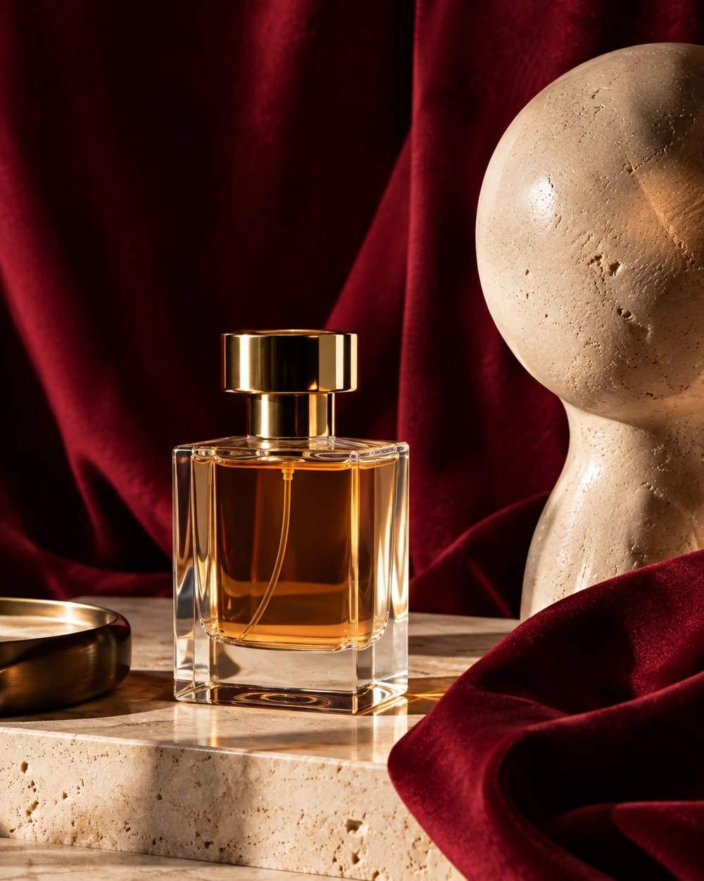 Premium fragrance and sculptural objects against burgundy fabric