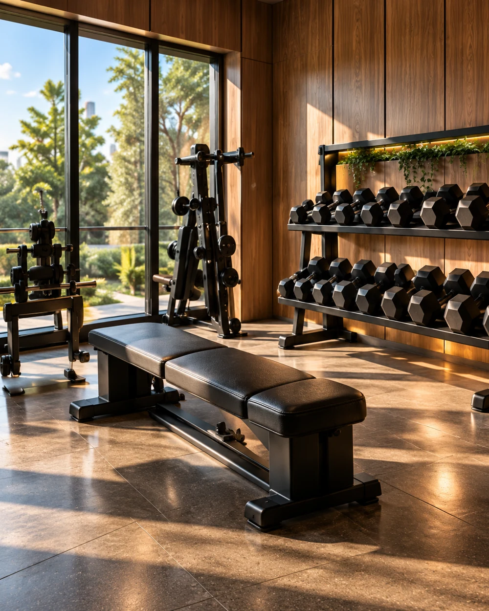Luxury gym with strength equipment, walnut finishes and natural daylight