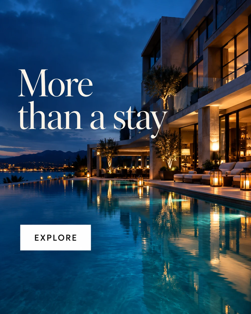 Premium hotel advertising creative in blue and amber tones