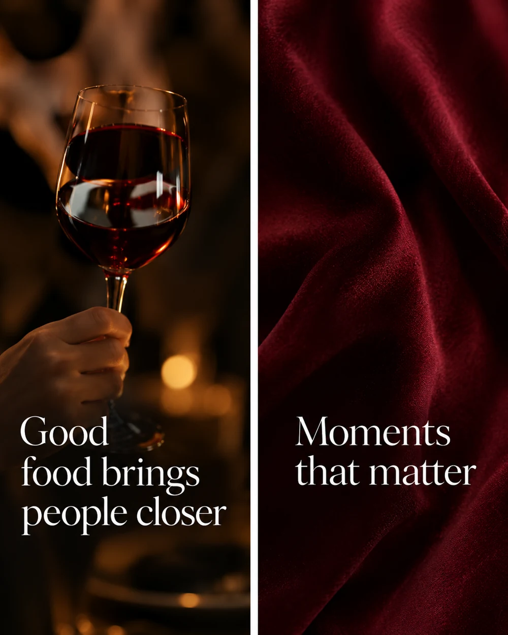 Editorial social campaign imagery with burgundy fabric and hospitality detail